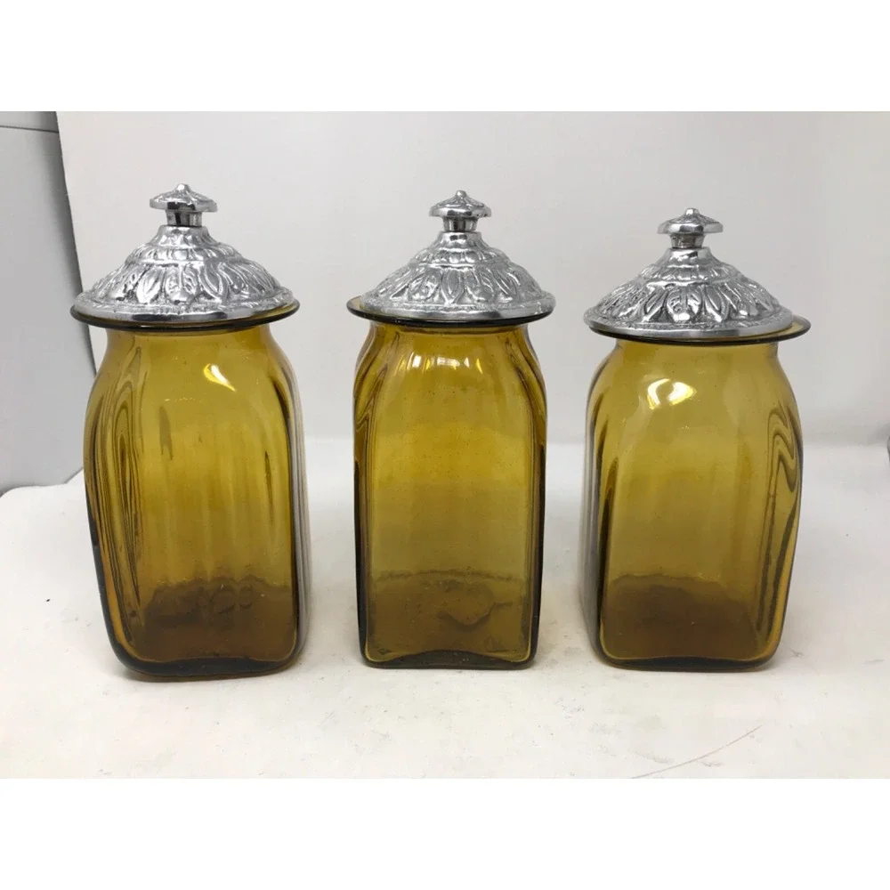 Canister Set of 3 Amber Ribbed Glass Holland Boone Pewter Lids Hand Blown Mexico